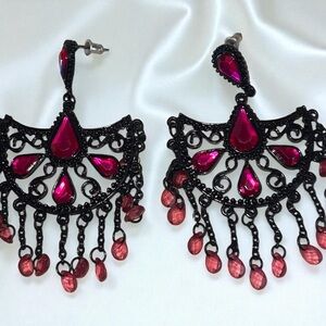 Bohemian Sexy Black + Hot Pink Chandelier Dangle Rhinestone Earrings